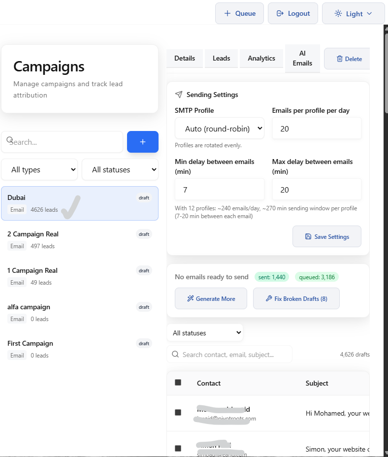 Campaign management with AI emails, sending settings, and lead tracking