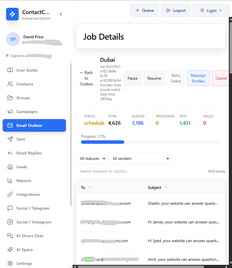 Email Outbox with job details, progress tracking, and queue management
