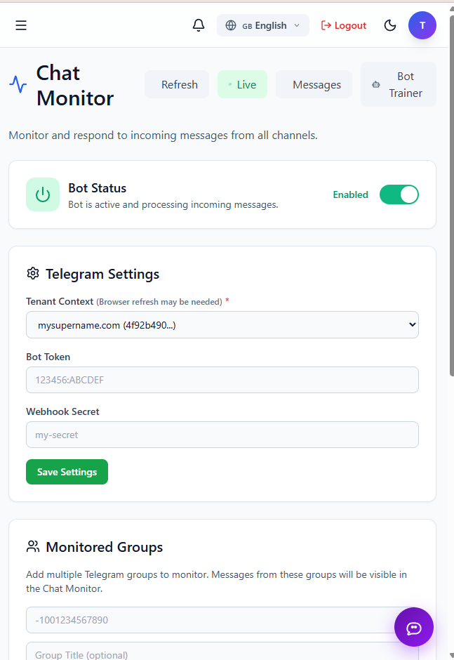 Telegram bot settings with token and webhook configuration