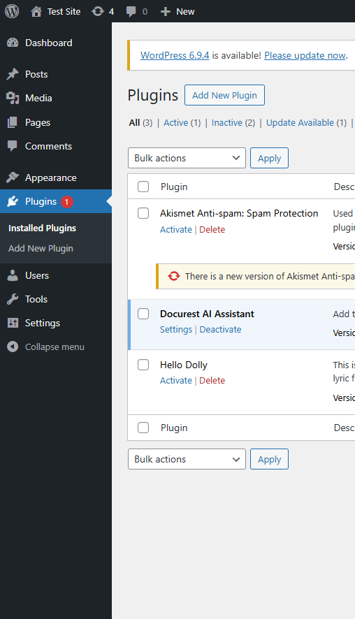 Docurest AI Assistant in the WordPress plugins list