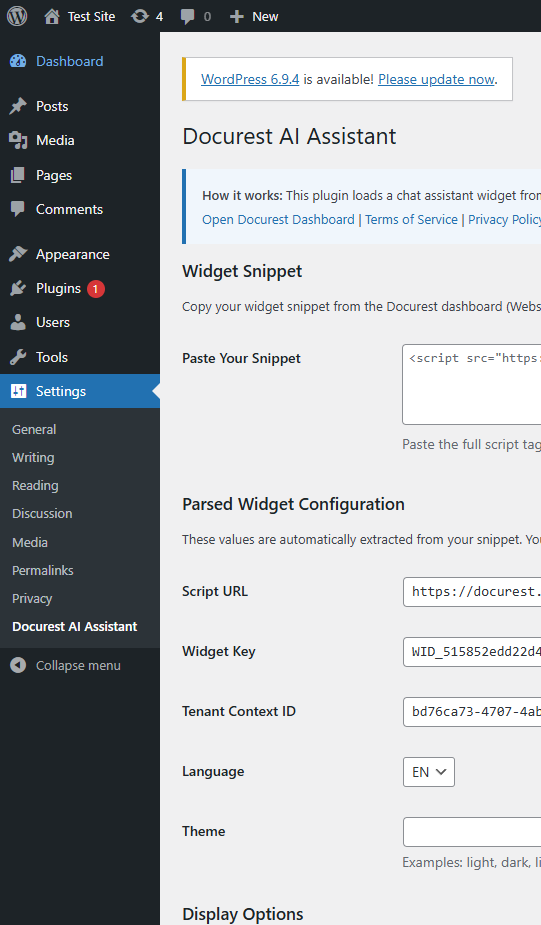 Docurest AI Assistant plugin settings page